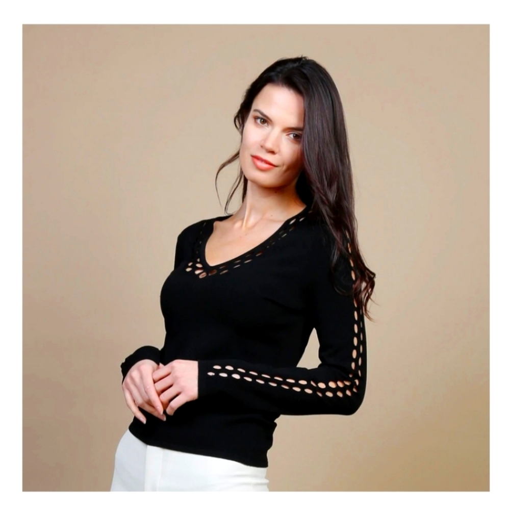 Autumn Cashmere Open Pointelle V & Sleeves in Black